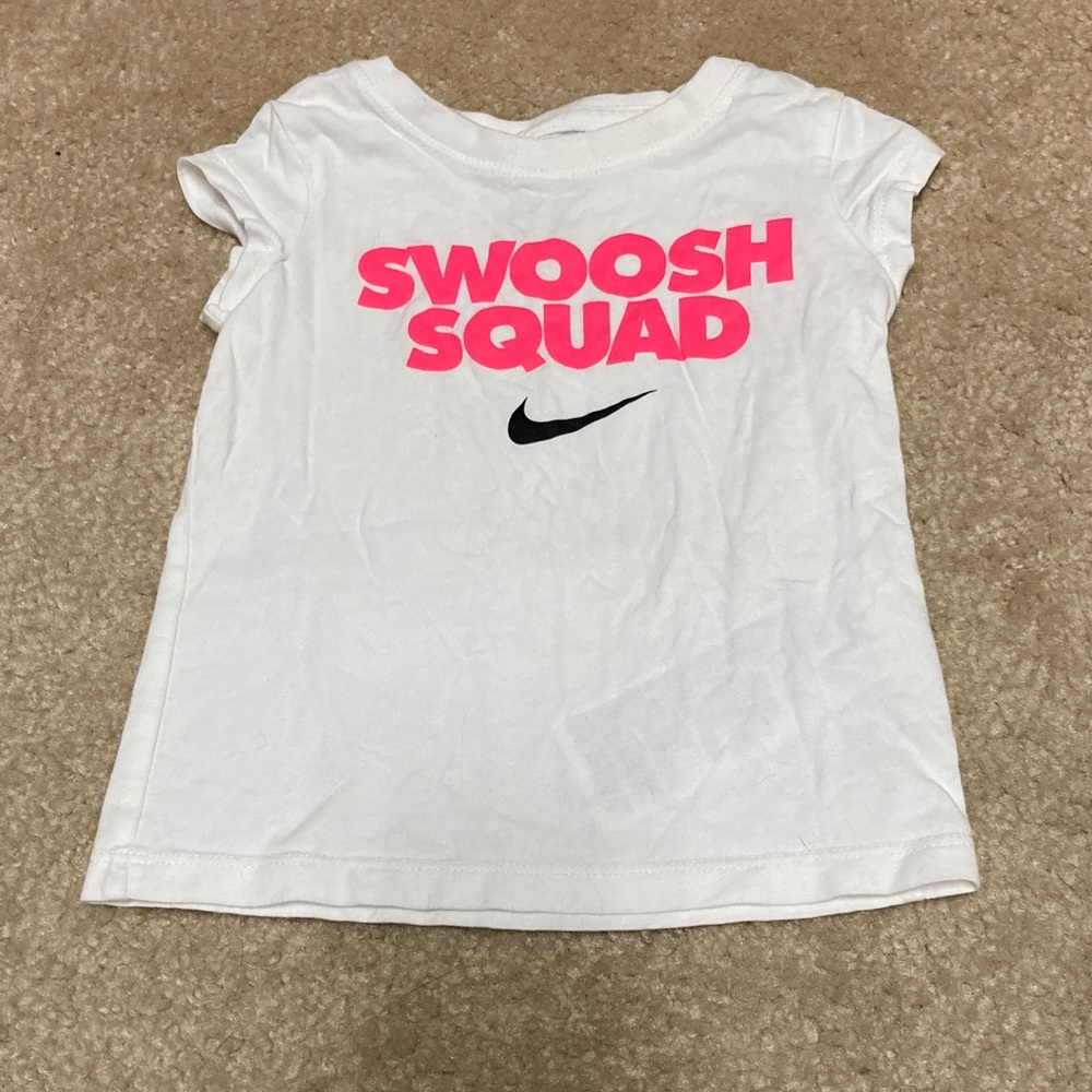 Nike Kids White Tee with Pink 'Swoosh Squad' Graphic